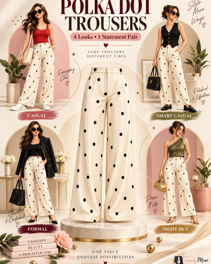 Polka dot trousers styled four ways: casual with a red top and sneakers, smart casual with a black vest, formal with a blazer and heels, and night out with an olive top and metallic accessories.