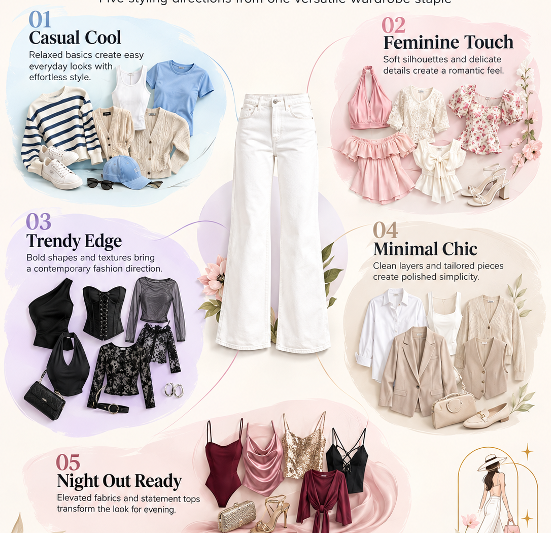 One white jeans outfit style guide showing five fashionable ways to style the same white jeans: Casual Cool with relaxed everyday tops, Feminine Touch with soft romantic details, Trendy Edge with modern statement pieces, Minimal Chic with clean tailored layers, and Night Out Ready with elevated evening tops. The premium fashion infographic highlights how versatile white jeans can create different moods and outfits for everyday, polished, trendy, feminine, and evening styling.