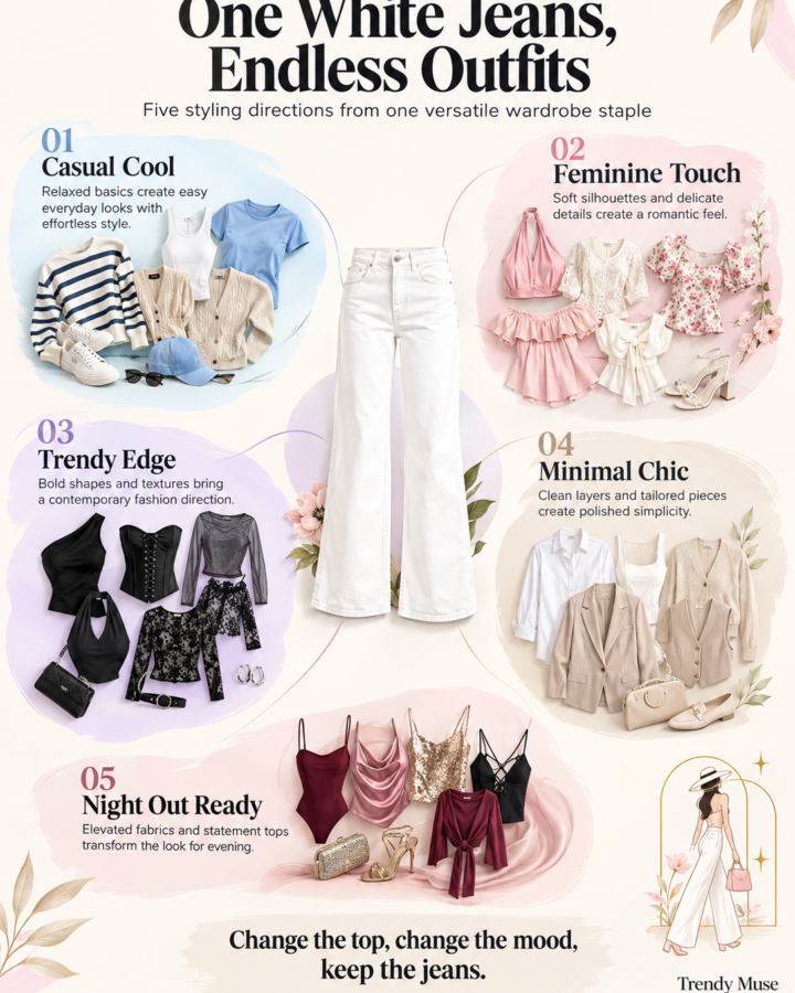 One white jeans outfit style guide showing five fashionable ways to style the same white jeans: Casual Cool with relaxed everyday tops, Feminine Touch with soft romantic details, Trendy Edge with modern statement pieces, Minimal Chic with clean tailored layers, and Night Out Ready with elevated evening tops. The premium fashion infographic highlights how versatile white jeans can create different moods and outfits for everyday, polished, trendy, feminine, and evening styling.