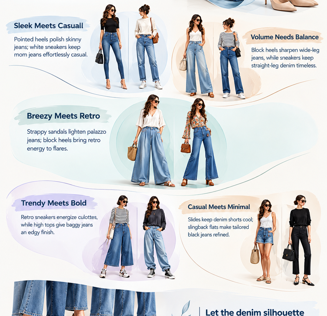 Premium editorial infographic showing ten jeans-and-shoe pairings, including skinny jeans with pointed heels, mom jeans with white sneakers, wide-leg jeans with block heels, straight-leg jeans with casual sneakers, palazzo jeans with strappy sandals, flare jeans with block heels, culottes with retro sneakers, baggy jeans with high tops, denim shorts with slides, and tailored black jeans with slingback flats, presented in a light fashion styling layout.