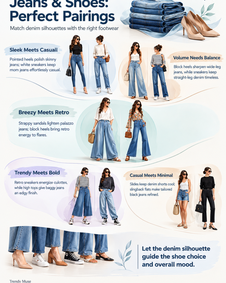 Premium editorial infographic showing ten jeans-and-shoe pairings, including skinny jeans with pointed heels, mom jeans with white sneakers, wide-leg jeans with block heels, straight-leg jeans with casual sneakers, palazzo jeans with strappy sandals, flare jeans with block heels, culottes with retro sneakers, baggy jeans with high tops, denim shorts with slides, and tailored black jeans with slingback flats, presented in a light fashion styling layout.