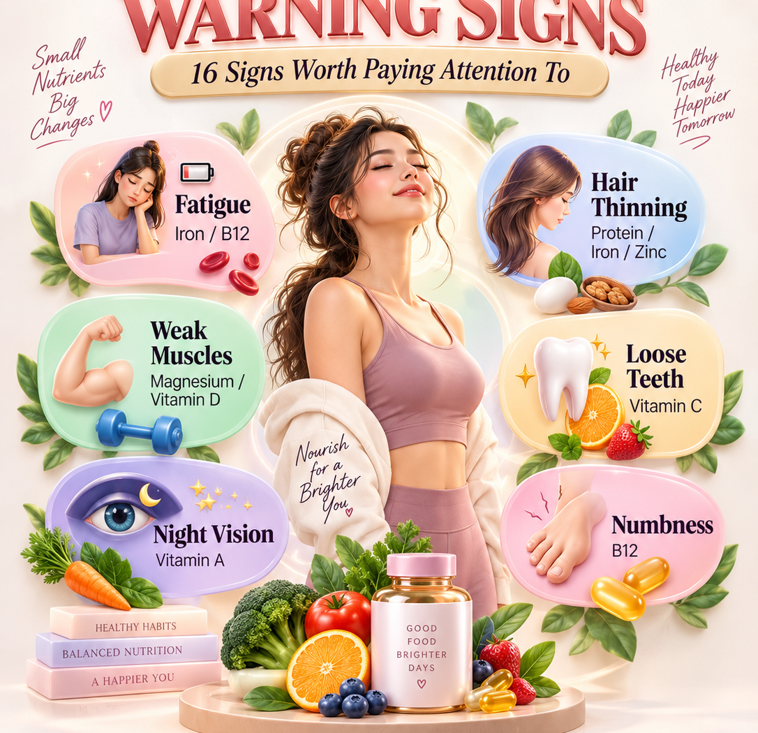 16 possible nutritional warning signs, including fatigue, numbness, hair thinning, vision changes, weak muscles, loose teeth, dry skin and low appetite, with key nutrient associations.
