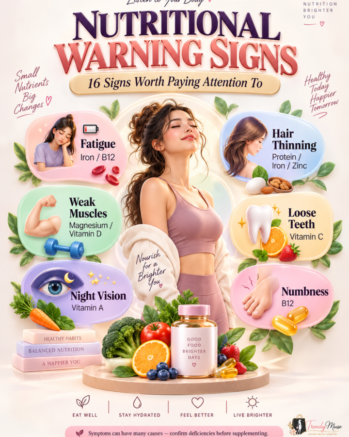 16 possible nutritional warning signs, including fatigue, numbness, hair thinning, vision changes, weak muscles, loose teeth, dry skin and low appetite, with key nutrient associations.