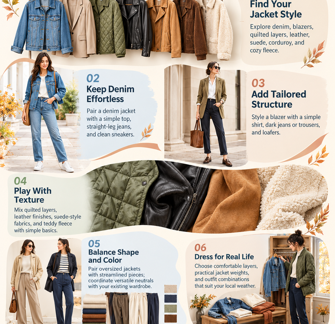 Una infografía de moda 3D colorida que muestra 10 ideas de chaquetas elegantes para el otoño para un guardarropa versátil de otoño, que incluye chaquetas vaqueras, blazers entallados, prendas de abrigo acolchadas, chaquetas de imitación de cuero, capas de ante, chaquetas oversize, chaquetas cortas, abrigos estilo gabardina, chaquetas de pana y forro polar de oso. Conjuntos coordinados demuestran capas, colores neutros, siluetas equilibradas y estilo diario, ayudando a los lectores a elegir prendas de abrigo cómodas y prácticas que complementen su estilo personal y el clima local.