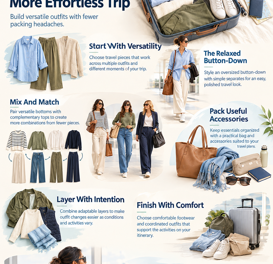 Infografía de moda de viaje de Trendy Muse que presenta un guardarropa coordinado para maletas con una camisa de botones extragrande, pantalones versátiles, capas ligeras, zapatos cómodos y accesorios de viaje prácticos. El diseño editorial destaca la combinación de ropa, la elección de capas adaptables, el empaque de elementos esenciales útiles y la creación de atuendos de viaje cómodos. Una paleta suave de marfil, azul cielo y salvia presenta ideas prácticas para construir un guardarropa de viaje elegante y versátil.
